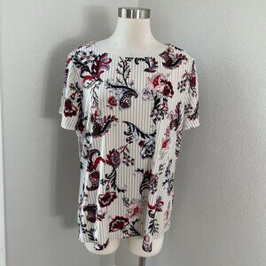 Liz Claiborne Womens Plus XXL Floral Stripe Tunic Top Stretch Short Sleeve Shirt